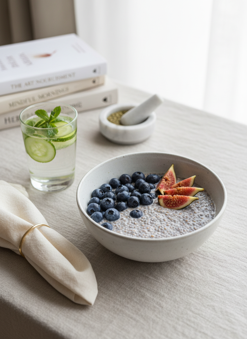 A beautifully styled breakfast setting featuring a pale stoneware bowl filled with fresh blueberries, chia pudding, and thinly sliced figs, placed on a flax-colored linen tablecloth with a subtle crinkled texture. Beside it lies a folded ivory cloth napkin secured with a simple gold ring and a glass of infused water with floating cucumber and mint. In the background, slightly blurred, a neatly stacked trio of wellness books and a tiny marble mortar with herbs suggest holistic living. Soft overcast window light washes across the scene from the right, creating gentle gradients and almost shadowless softness. Captured from a slightly overhead angle with balanced composition, the photographic realism and muted color palette evoke a calm, nourishing, intentionally curated lifestyle.
