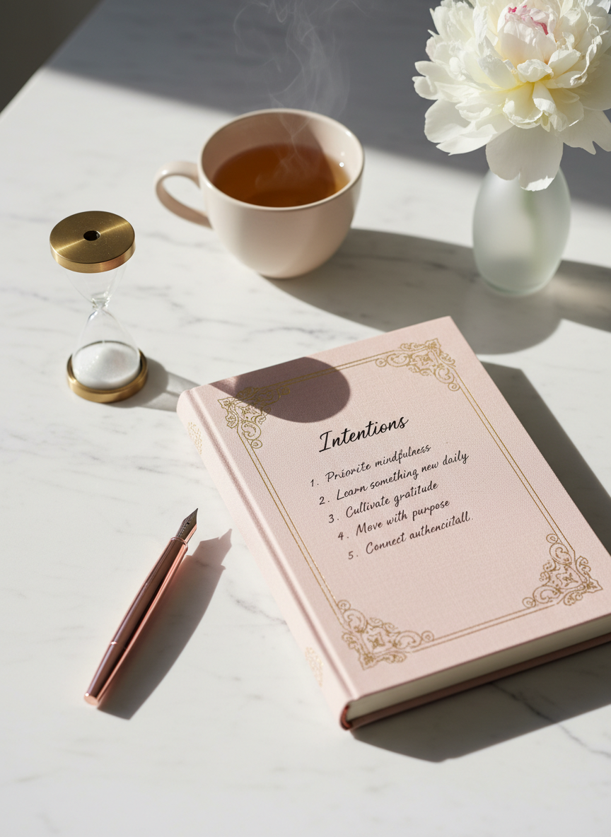 A meticulously arranged flatlay of a blush-toned linen journal with gold-embossed details opened to a neatly written intention list, beside a slim rose-gold fountain pen and a minimalist sand hourglass. Everything rests on an ivory marble tabletop with soft grey veining. In the background, out of focus, a pale beige ceramic cup of herbal tea and a single white peony in a frosted glass bud vase create gentle accents. Late-morning natural light filters in from the left, casting delicate shadows and subtle highlights on metallic edges. Photographed at a slightly elevated angle with a shallow depth of field, the composition follows the rule of thirds and exudes a serene, sophisticated, photographic realism perfect for a modern feminine self-improvement blog.