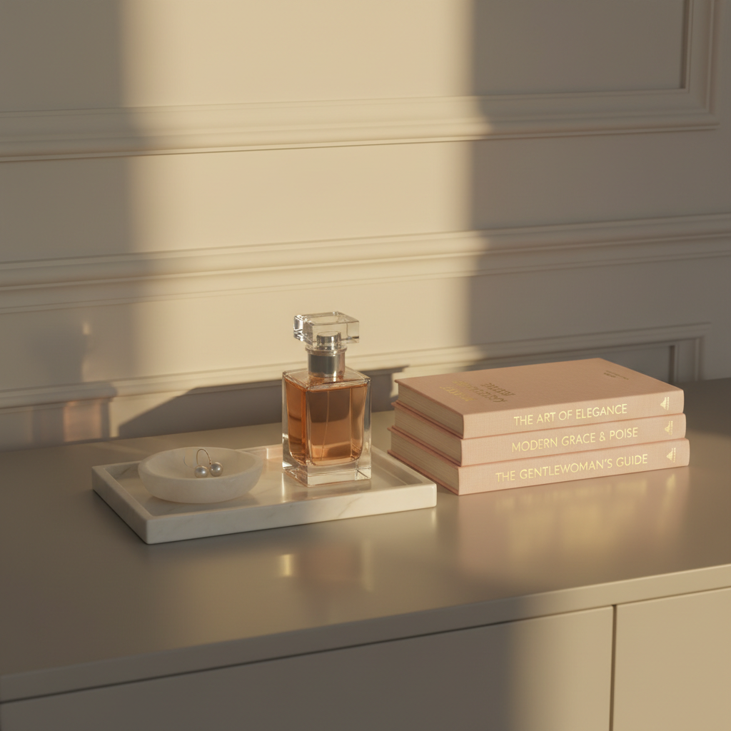 A curated vignette of a minimalist vanity tray holding a cut-glass perfume bottle with a faceted stopper, a pair of pearl-drop earrings resting in a small alabaster dish, and a stack of three pale pink linen-bound books about elegance and modern etiquette. The tray sits on a smooth dove-grey console table against a soft cream wall with subtle molding details. Late afternoon golden hour light enters from a nearby unseen window, creating warm reflections in the glass and pearls, and casting elongated, graceful shadows. Shot at eye level with a gentle shallow depth of field, the foreground objects are in crisp focus while the background softly blurs, creating a calm, refined, photographic image that communicates polished, intentional femininity.